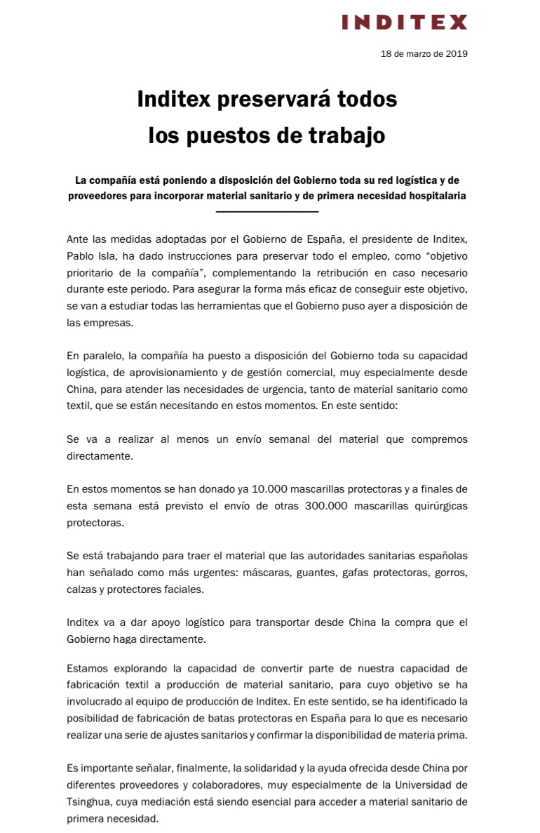 Inditex informa que preservará todos los puestos de trabajo y pone a disposición del Gobierno toda su red logística y de proveedores para incorporar material sanitario 2