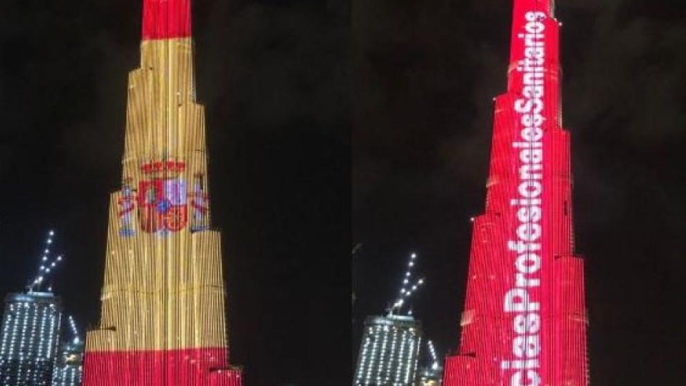 El edificio más alto del mundo, en Dubái, rindió anoche homenaje a los profesionales sanitarios españoles 1