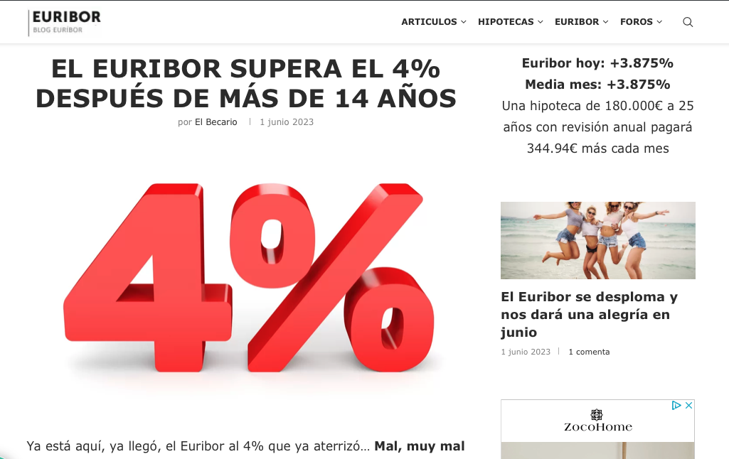 El Euribor sube con moderación pero parece que no llegará al 4% 1