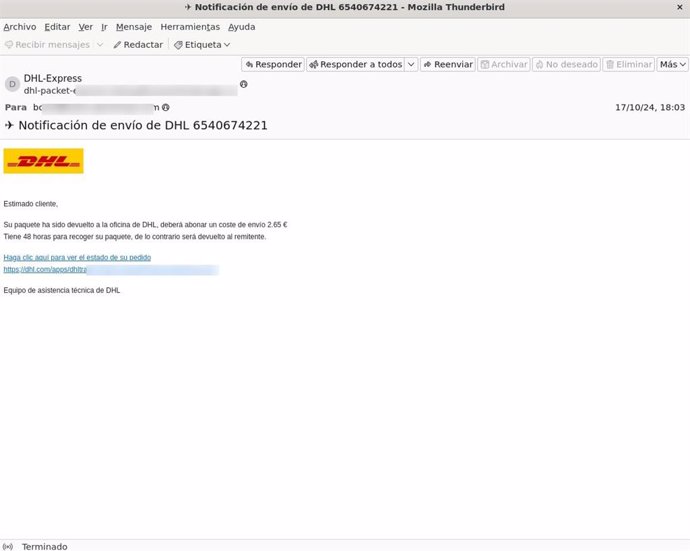 Alertan de una estafa que suplanta a DHL y pide un pago para recuperar un paquete devuelto 1