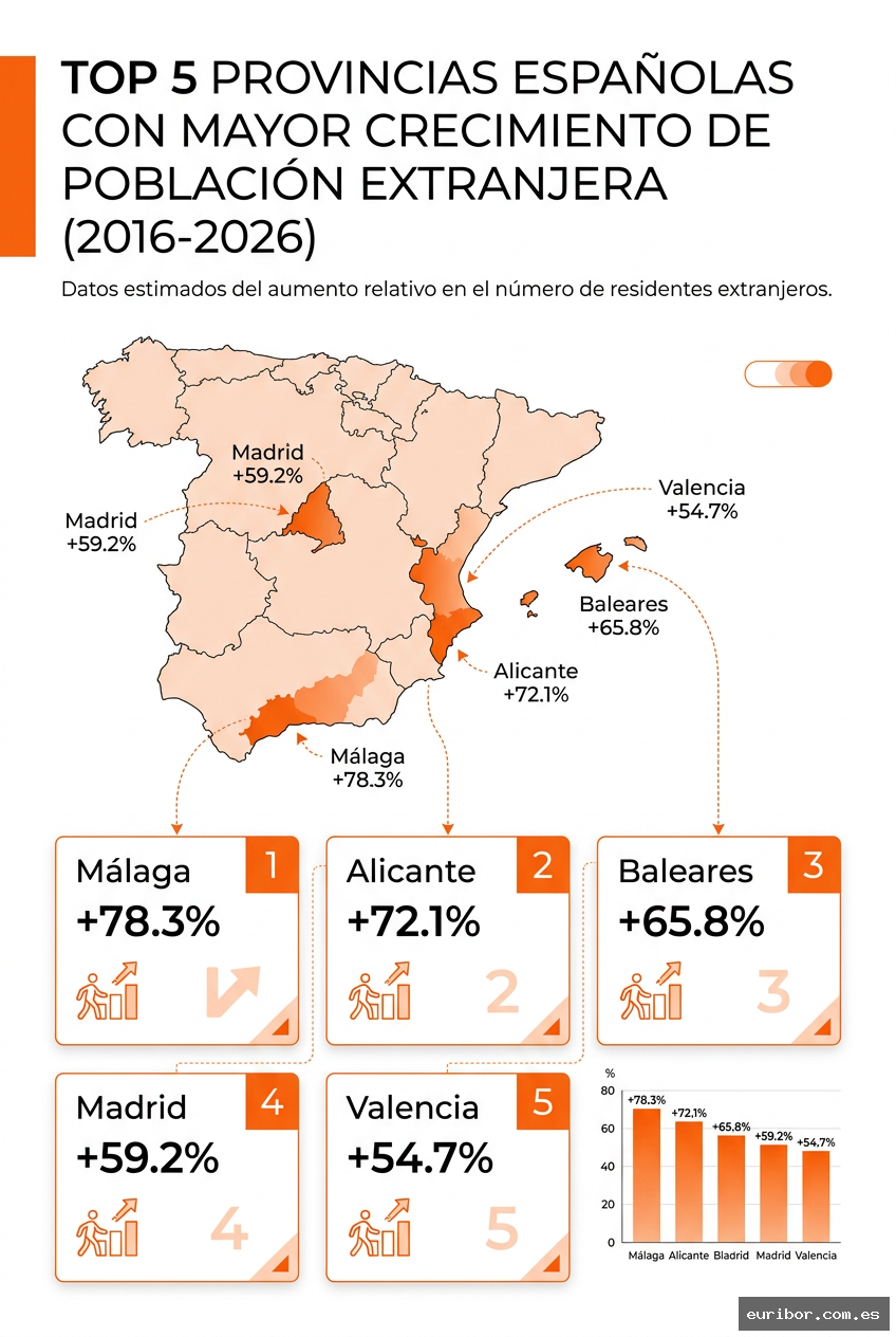 Las 15 provincias con mayor crecimiento de población extranjera en españa en la última década (2016-2026) 1