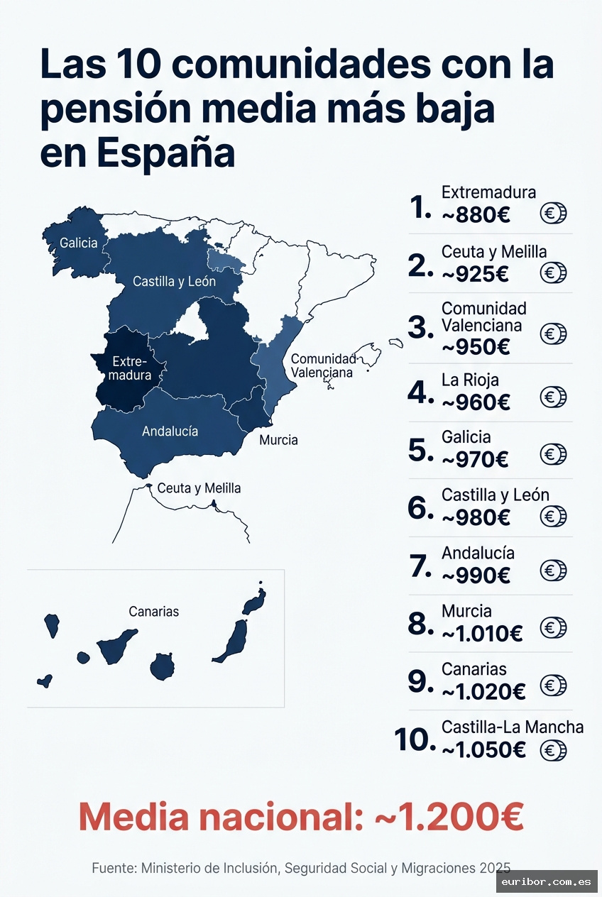 Las 10 comunidades autónomas donde la pensión media es más baja en 2026 1