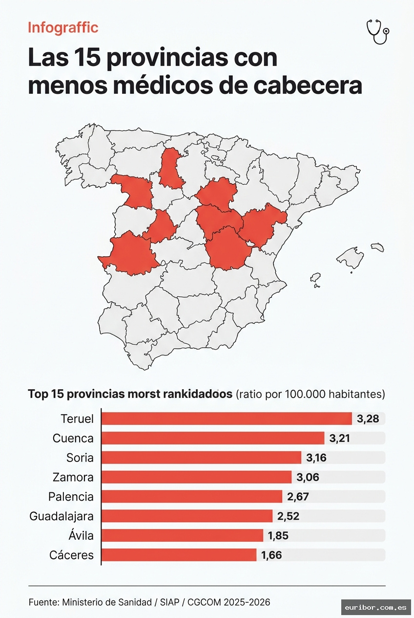 Las 15 provincias con menos médicos de cabecera por habitante en españa (2026) 1